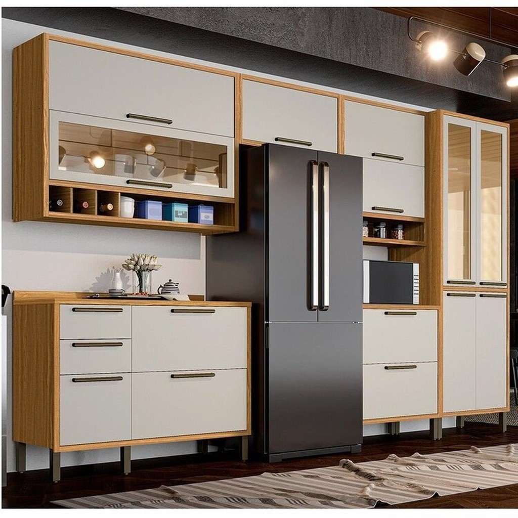 Cozinha Completa 100% Mdf 6 Peças 12 Portas 4 Gavetas e Vidro 354cm Vicenza Espresso Móveis Amendoa/OffWhite