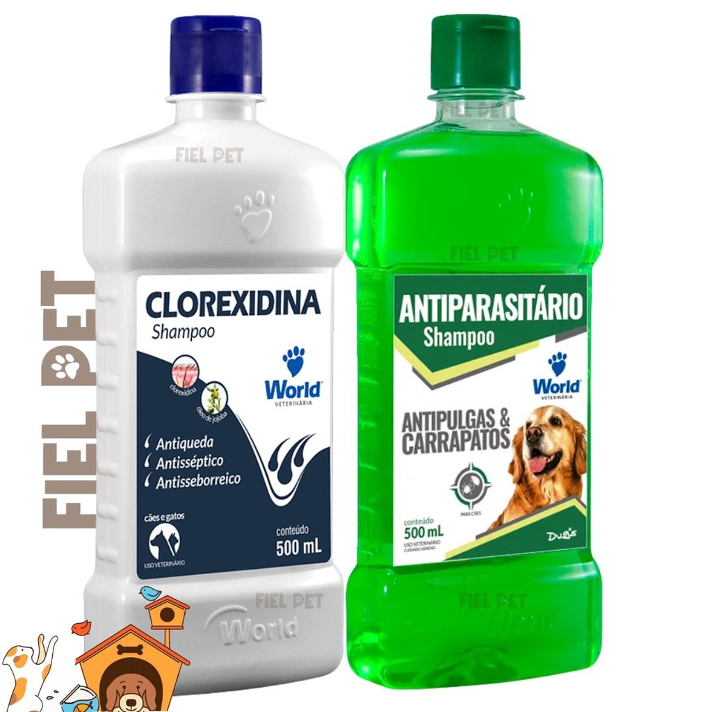 Shampoo De Clorexidina 500Ml e Shampoo Antipulgas e Carrapatos Para Cães 500mL World Veterinaria