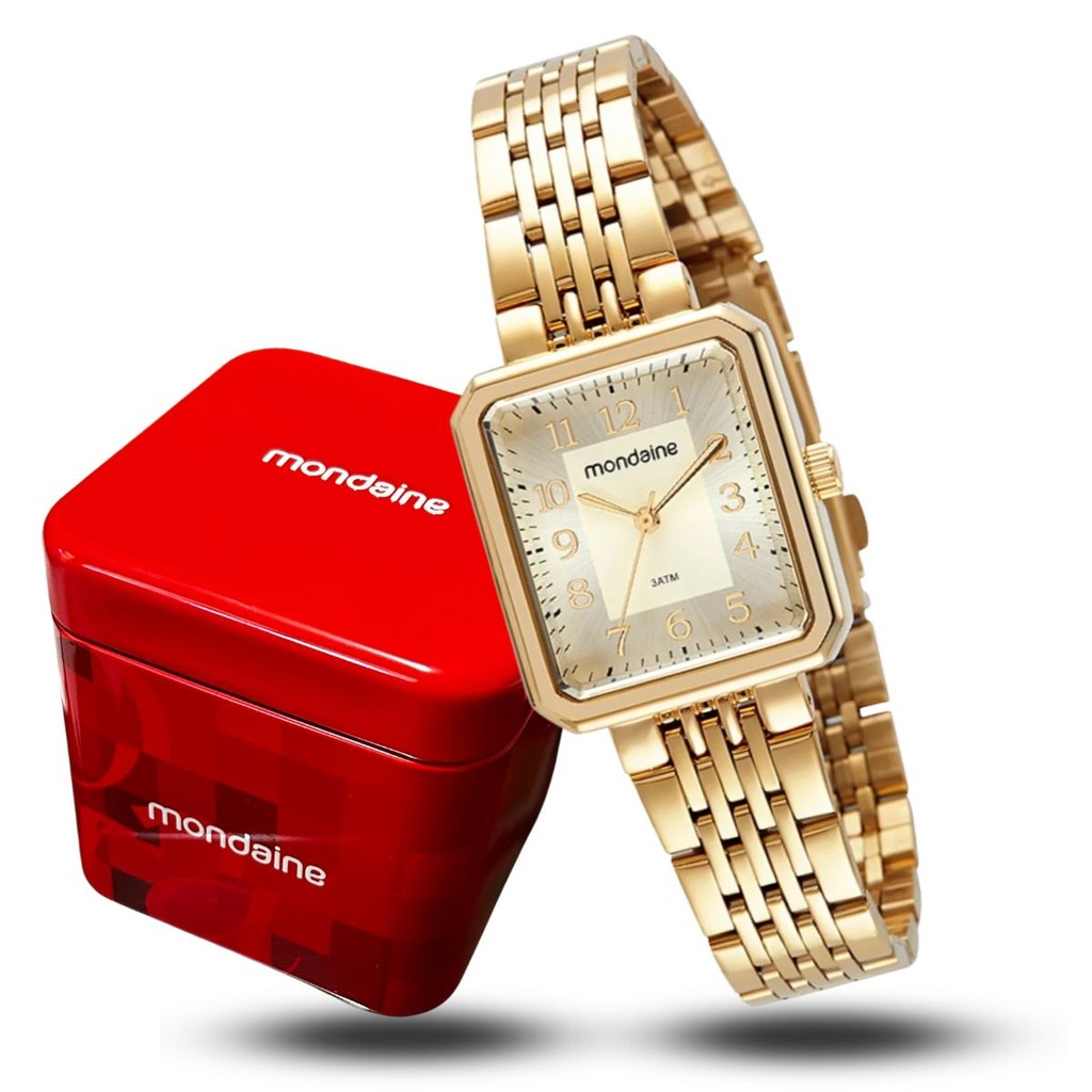 Relógio Mondaine Feminino Dourado Quadrado Elegante Original