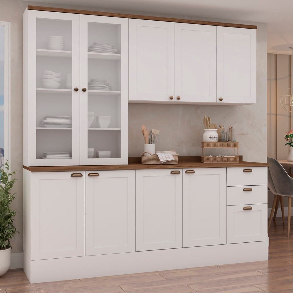 Cozinha Modulada Compacta 4 Peças com Armário Aéreo 2 Portas Vidro 100% Mdf com Tampo Branco/Ébano