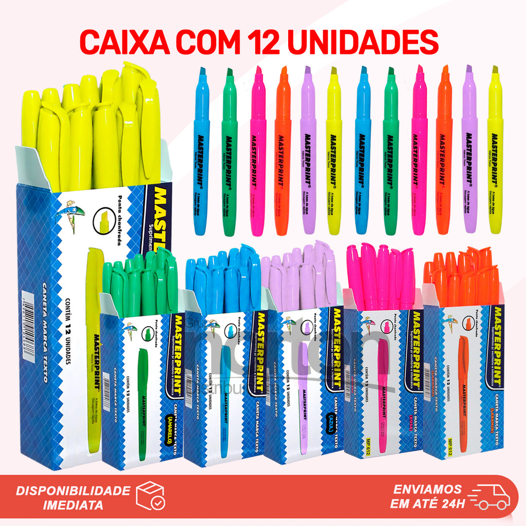 Kit 12 Unidades Marca Texto Masterprint Neon Grifa Texto Caixa