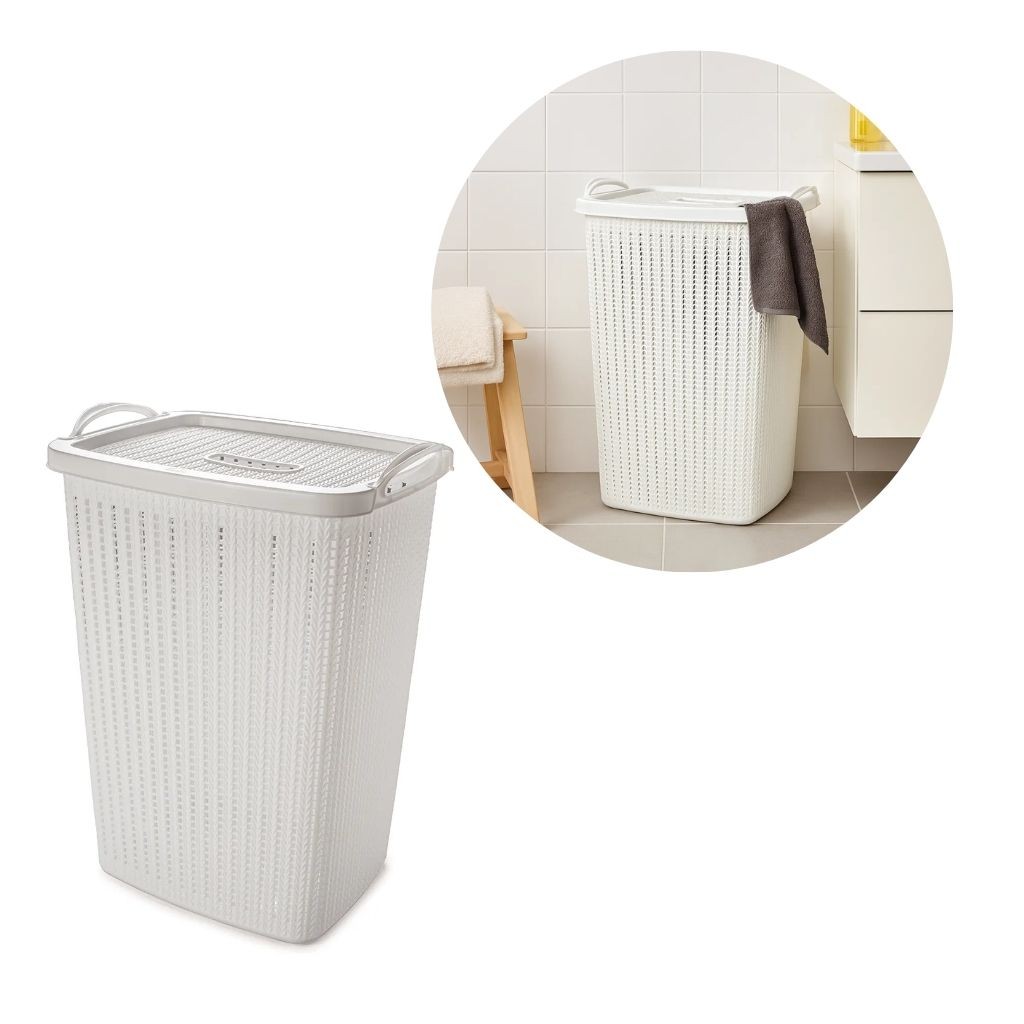 Cesto De Roupa 40L c/ Tampa e Alça Linha Trama Branco 54,5cm