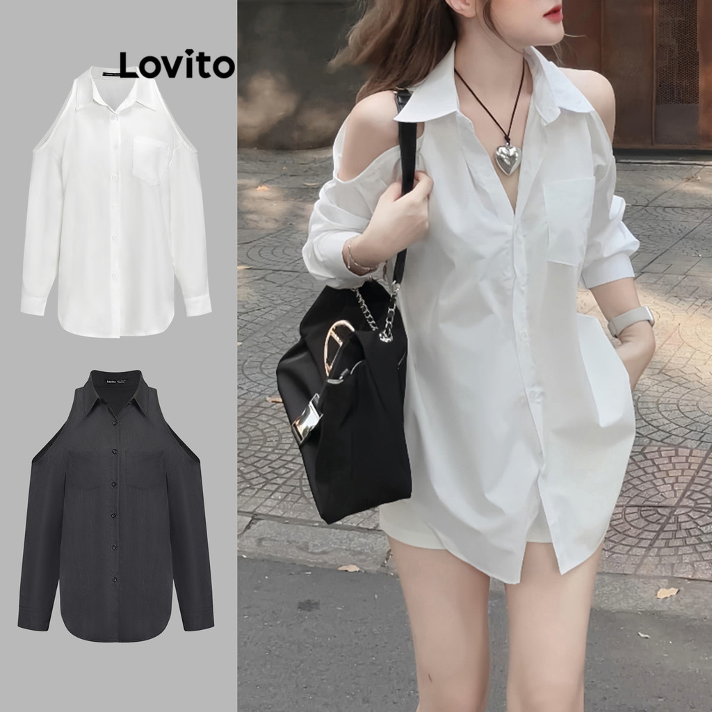 Lovito Blusa Casual Com Recorte Liso Para Mulheres L67AD001 (Branco) em Oferta na Shopee