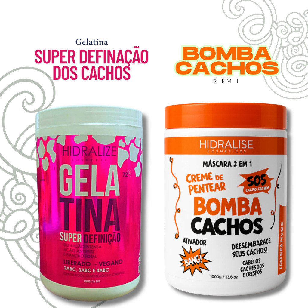 Gelatina Cap Super Definição e Creme de Pentear Modelador Bomba Cachos Cabelos Cacheados hidralise