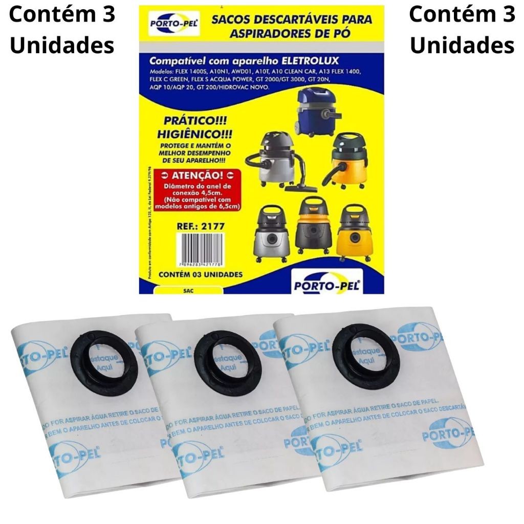 Kit 3 Sacos Descartáveis para Aspirador De Pó Compatível Electrolux Hidrolux Ref 2177