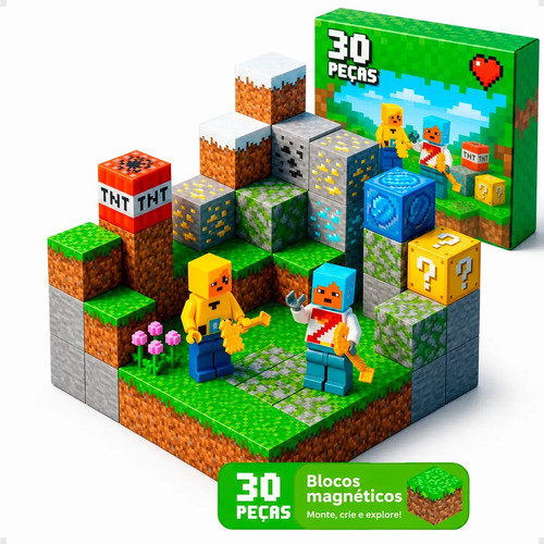 Blocos Magnéticos 30 Peças Brinquedo Educativo Criativo Infantil Pixel Presente Menino Menina