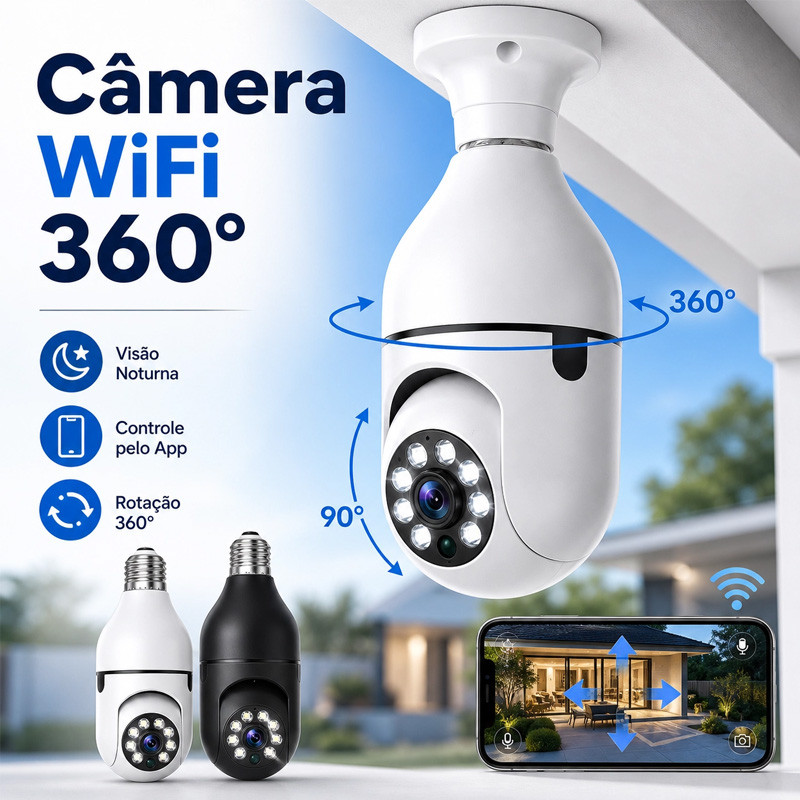 Kit 2 Câmera WiFi 360 Lâmpada Câmera de segurança Full HD Visão Noturna a Prova D'água sem fio com app Yilot