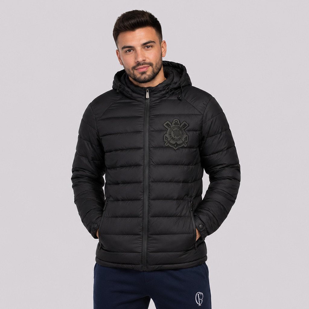 Jaqueta Puffer Corinthians com Capuz Removível Preta