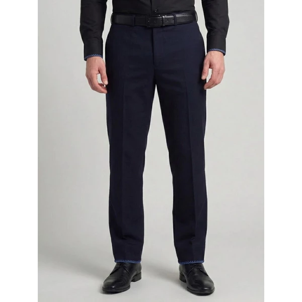 Calça Social Slim Masculina Executiva de Poliéster Com Barra em Overloque Azul Marinho