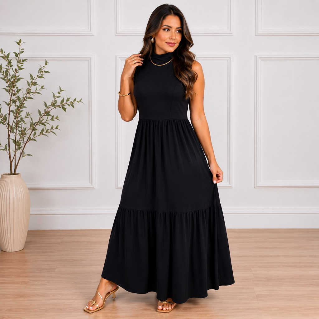 Vestido Longo Feminino Tecido de Malha Leve e Soltinho Elegante Confortável Versátil 442