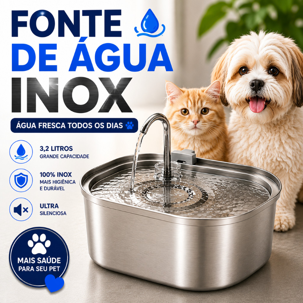 Fonte de Água para Gatos 100% Inox Bebedouro Gato Silencioso 3,2L Bivolt Água Corrente para Pets