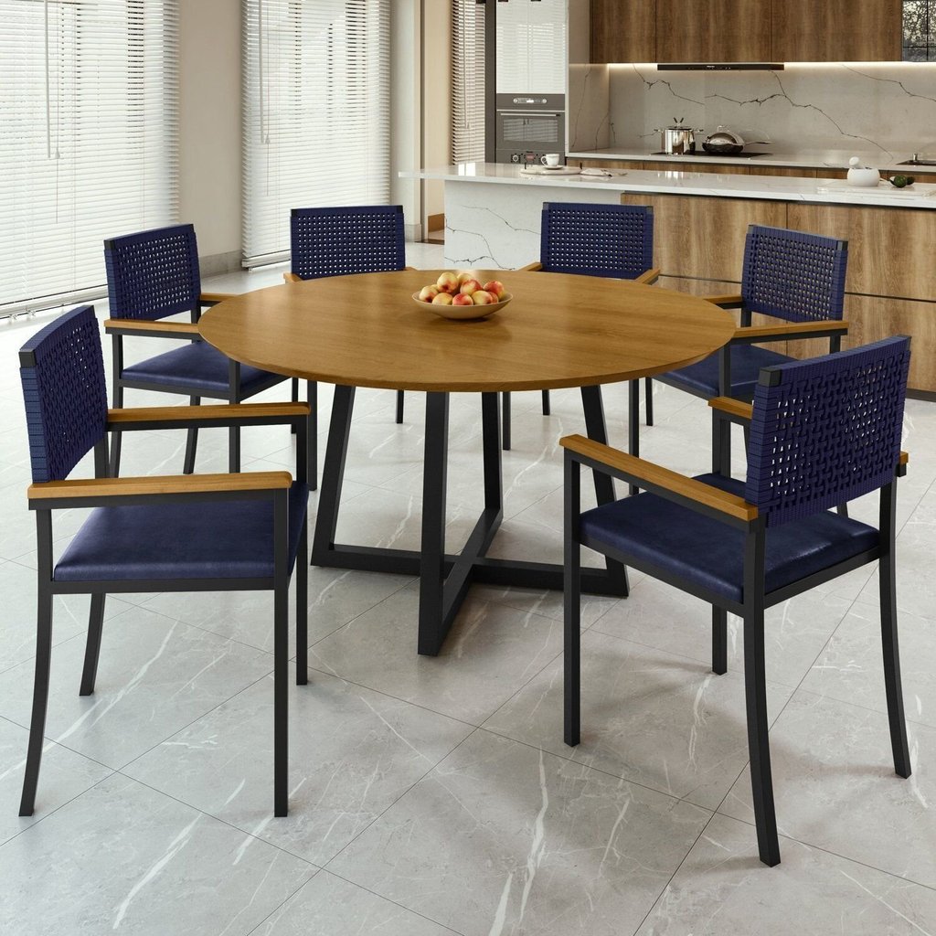 Conjunto Sala de Jantar 6 Lugares Redonda 150cm Tampo Mdf Mesa Coliseu com Cadeiras com Braço Madri Azul/Preto