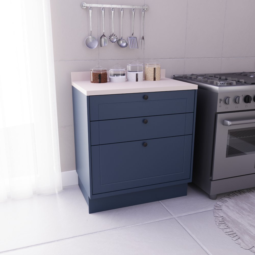 Balcão de Cozinha 3 Gavetas 100% MDF 80cm sem Tampo Sevilha Herval Azul/Órion Azul
