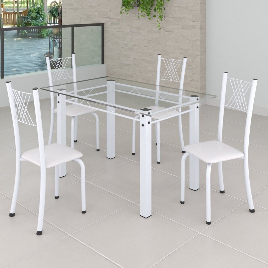 Conjunto de Jantar Mesa 120x75cm Tampo de Vidro Incolor com 4 Cadeiras Sara Yescasa Branco/Liso Branco/Branco