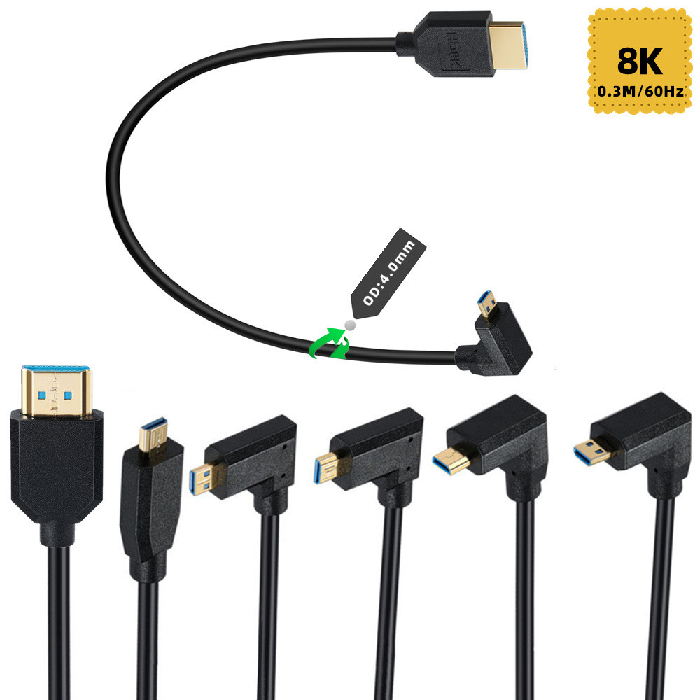 Cabo Micro HDMI Macho De 90 Graus Para 2.1 , 8K @ 60Hz/4K 120Hz , Câmera Digital , Filmadora , Monitor Portátil , 0.3m ,