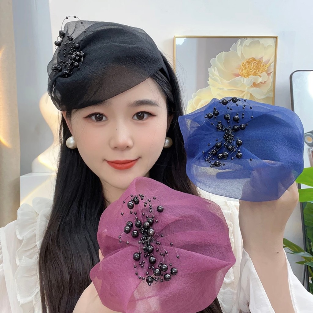 Cocar de gaze de venda quente Organza frisado meio chapéu cabelo meio chapéu Retro preto jantar All-Match elegante E