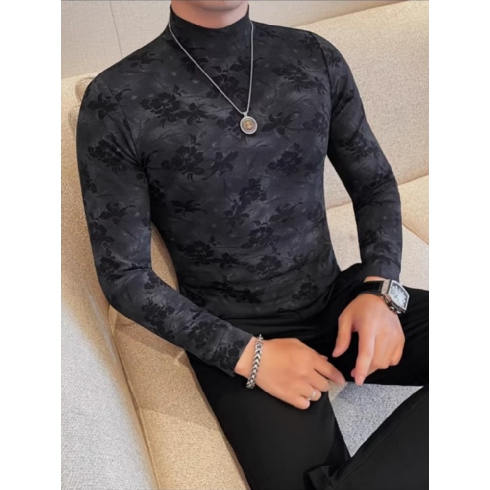 Camiseta estampada masculina de manga comprida primavera outono meia gola alta Slim Fit camisa de fundo na moda moda Cas