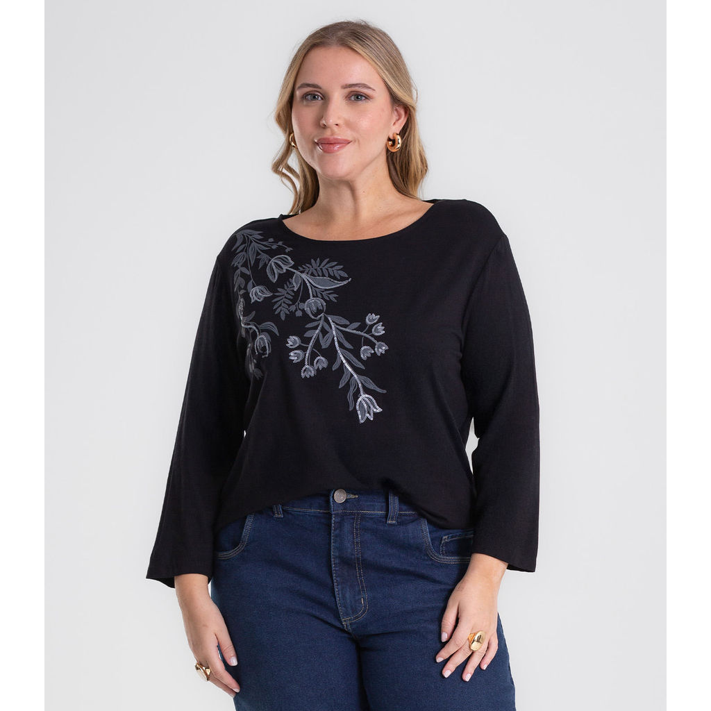 Busa De Manga Longa Bordado Plus Size Secret Glam Preto