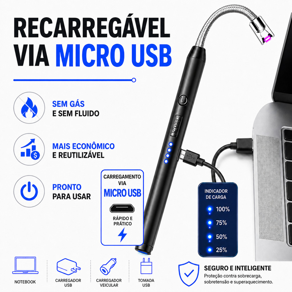 Detalhes do Kit 2 Acendedor Eletrônico Plasma Isqueiro USB Recarregável Ecológico Vela Fogão Camping