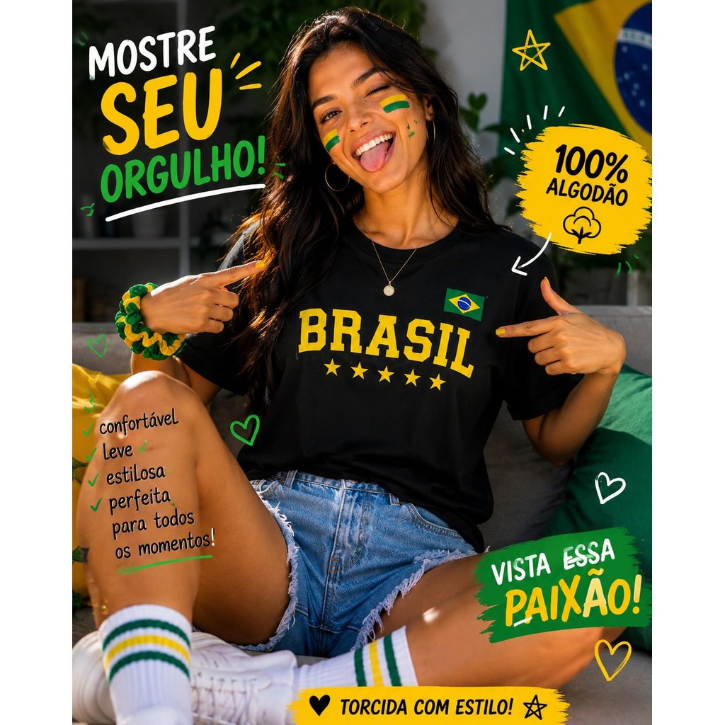 Camiseta BRASIL Feminina 100% Algodão Estilo Torcedor Casual Malha Premium Copa do Mundo