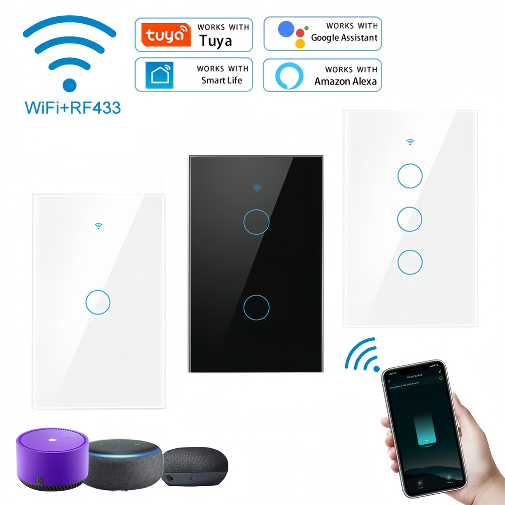 Interruptor WiFi Inteligente Tuya Toque de Parede 1/2/3/4 Botões, Compatível com Alexa e Google Home