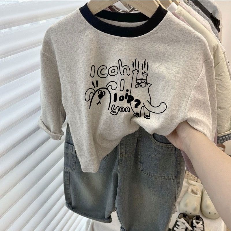 Médio pequeno crianças bebê puro algodão estilo ocidental cor combinando manga comprida camiseta outono novo estilo meni