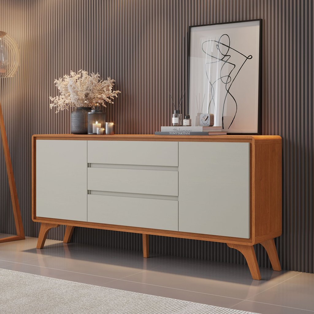 Buffet 2 Portas 3 Gavetas 165cm Pés em Madeira Maciça Ares Naturalle/Off White