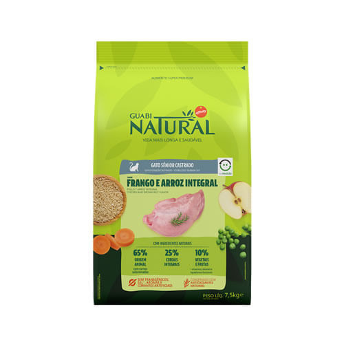 Ração 7,5kg Guabi Natural para Gatos Sênior Castrados sabor Frango e Arroz Integral