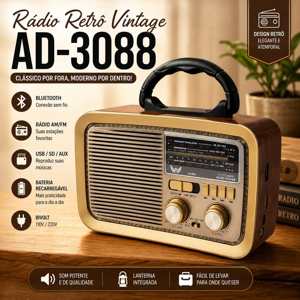 Rádio Retrô Vintage Altomex AD-3088 Bluetooth AM FM USB Cartão SD Recarregável Portátil Estilo Clássico