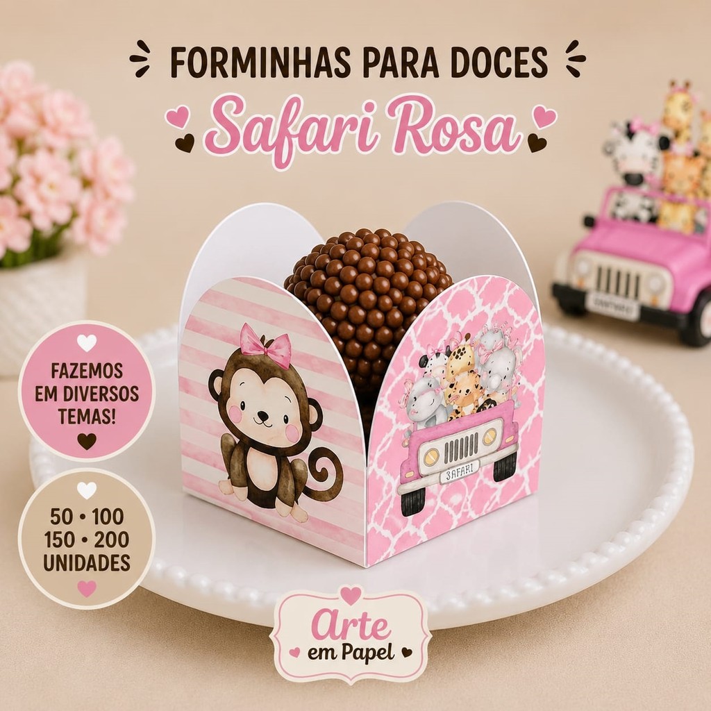 50 Forminhas Para Doces Personalizadas 4 Pétalas SAFARI ROSA Envio 24H Festa Aniversário Brigadeiro
