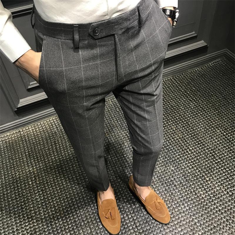 Primavera outono xadrez calças casuais masculinas magro-ajuste calças magras calças britânicas calças masculinas na moda