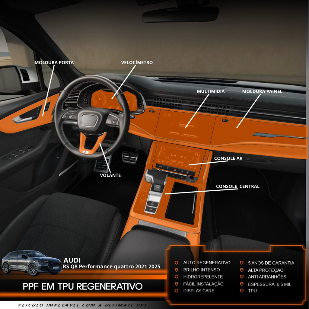 Película PPF Proteção Kit Interior Exterior Audi RS Q8 Performance 2021 2022 2023 2024 2025 Transparente TPU Anti Risco