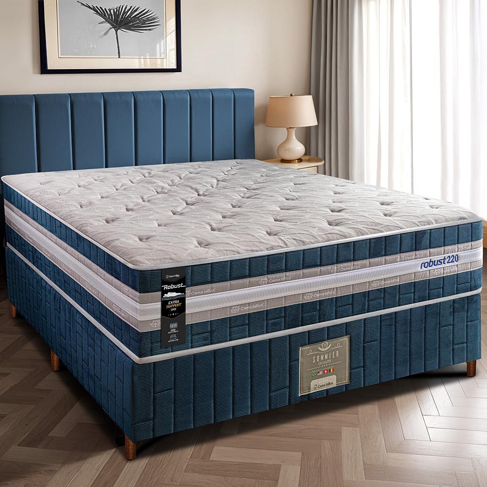 Cama Box Casal Colchão + Box 138x188x70 com Molas Ensacadas Robust 220 Azul Cama inBox em Oferta na Shopee