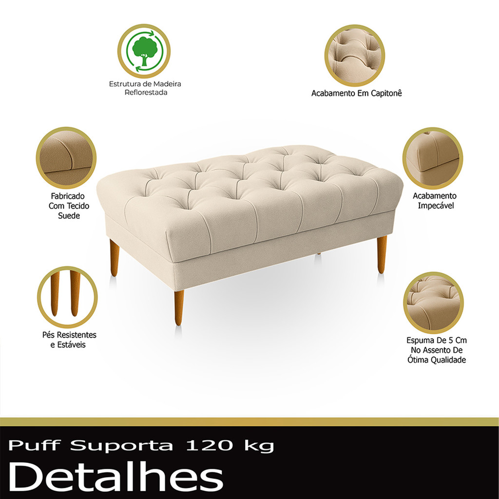 Puff Retrô Luiz XV Capitonê Retangular 120 cm Estofado Decorativo Sala de Estar Closet Suede Bege