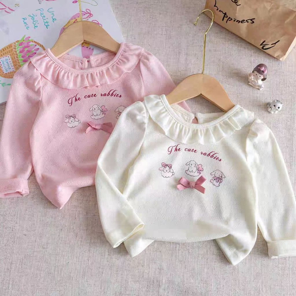 Meninas De 0 A 8 Anos , Primavera E Outono , Nova Blusa Leve Fofa De Malha De Renda Com Laço De Manga Comprida