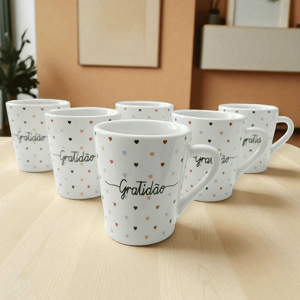Kit 6 Xícaras de Porcelana 120ml Café Chá Gratidão Faixa Corações Decoradas