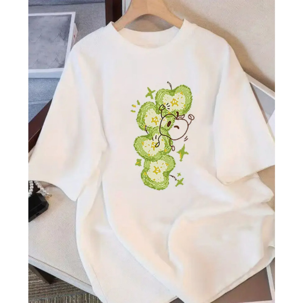 Bonito Camiseta Feminina Casual, Macia E Confortável, 100% Algodão, Com Estampa De Maçã E Estrela