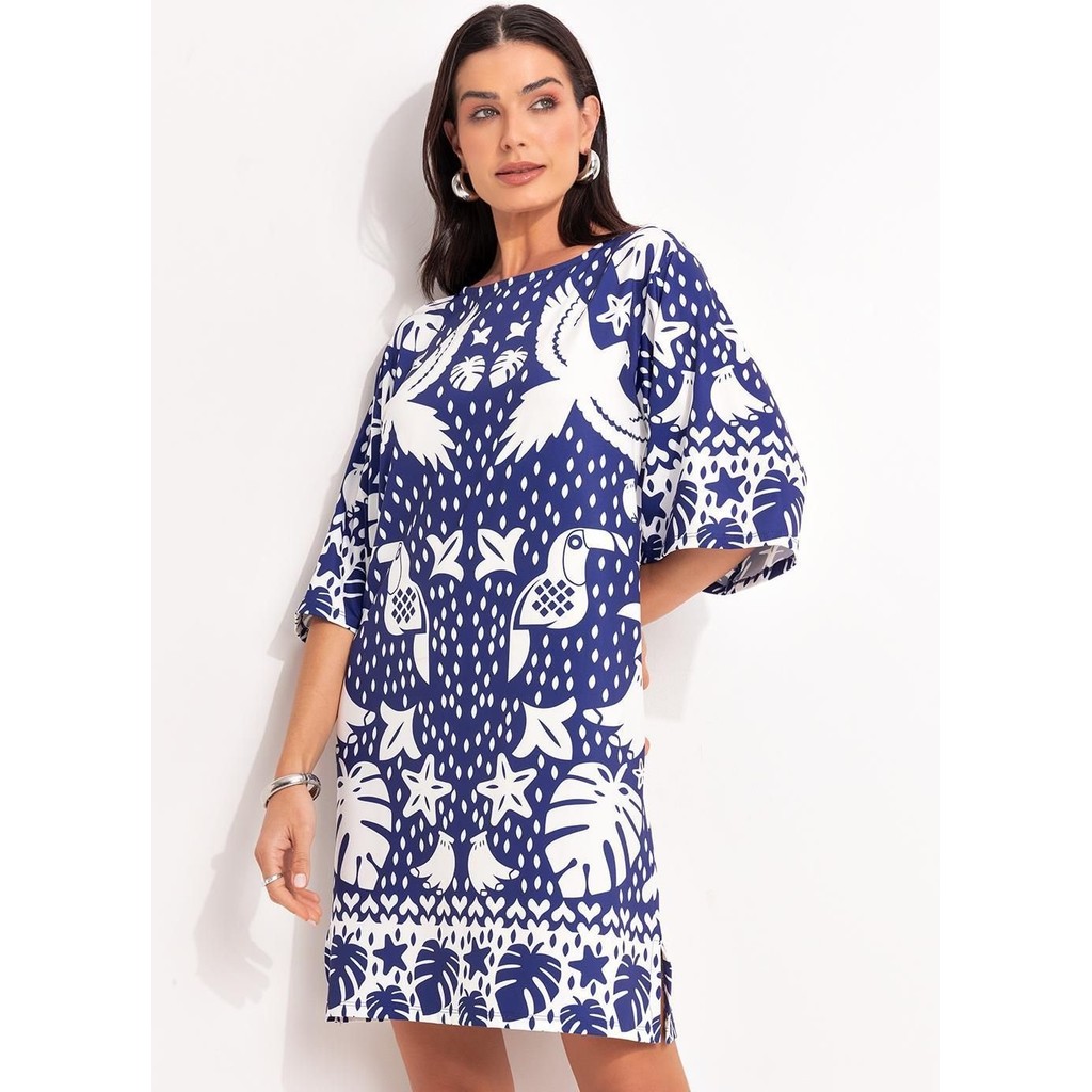 Vestido Em Malha Fria Barrado Azul Quintess em Oferta na Shopee