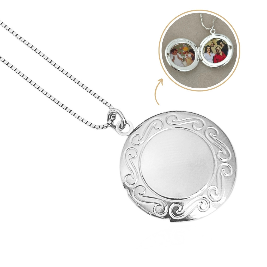 Colar Feminino Personalizado Relicário Redondo Desenhado Banhado a Prata 925 Hipoalergênico