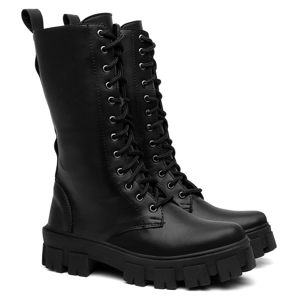 Bota Coturno Feminino Cano Alto Zíper Tratorado Lisa Solado Robusto Punk Gotico Festival Numeração Grande Especial