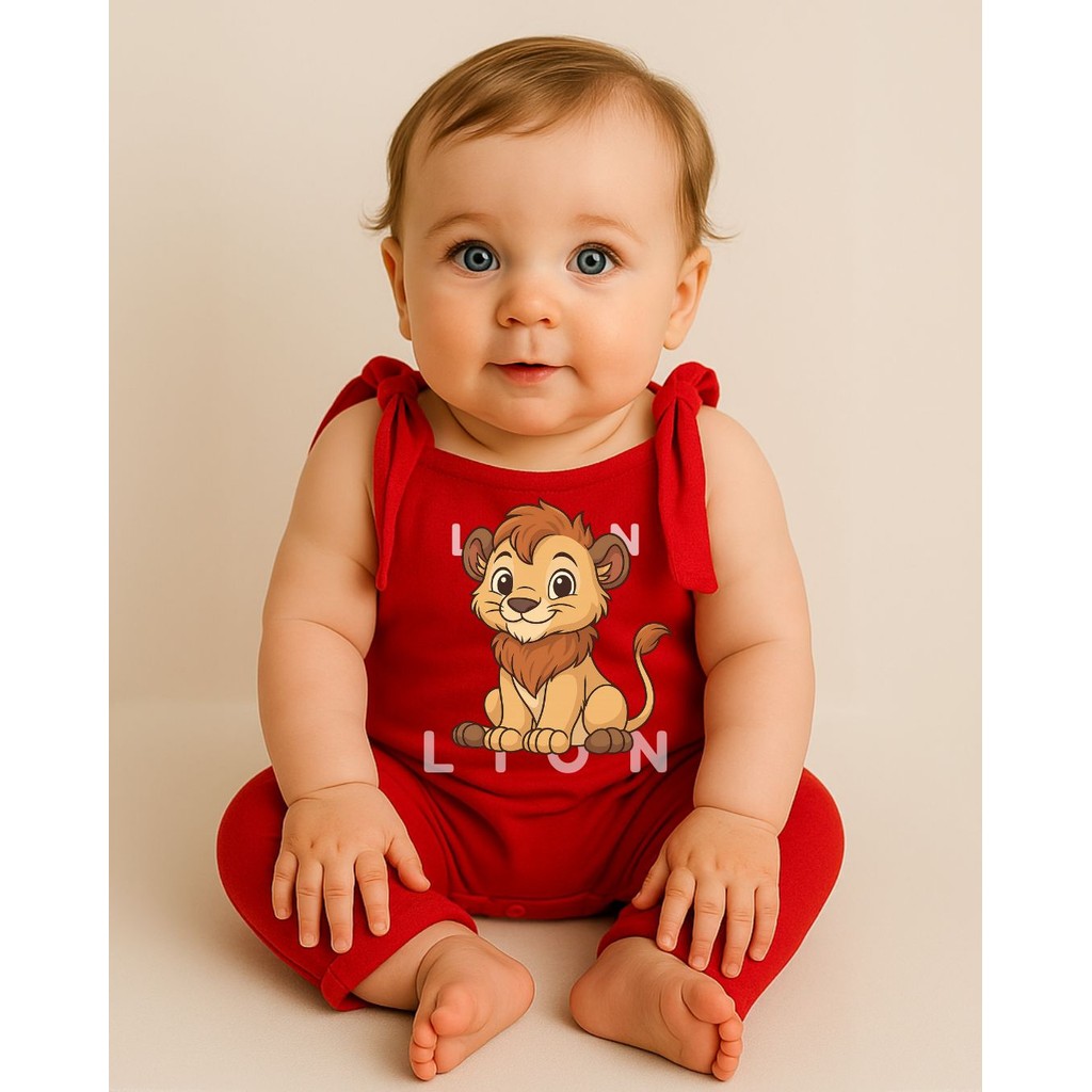 Jardineira Vermelha Longa Bebê Algodão Macacão Infantil – Estampa Safari Leãozinho Conforto e Estilo