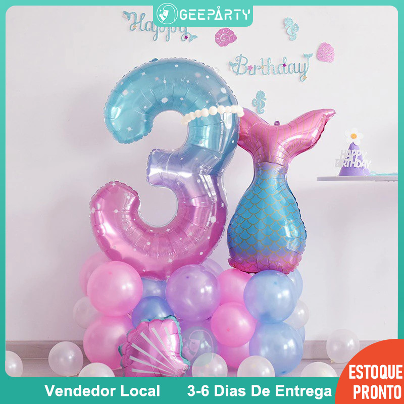 Conjunto De Balões GeeParty 32 Peças Gradiente Estrelado Número Para Menina Sereia Sob O Mar Decoração De Aniversário em Oferta na Shopee