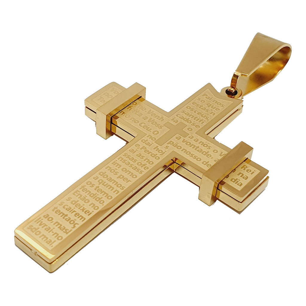 Pingente Crucifixo Cruz Grande Pai Nosso Folheado A Ouro 18k