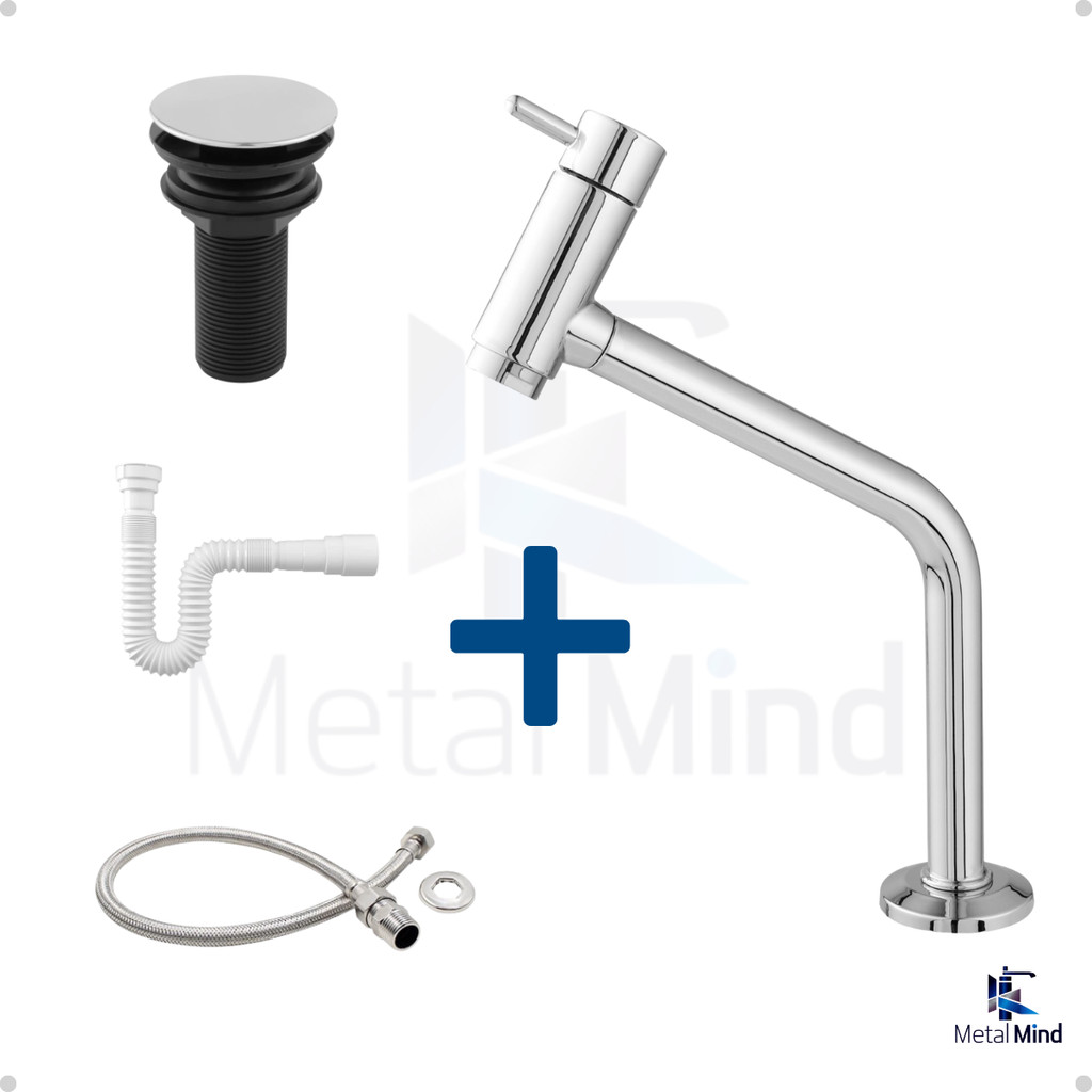Kit Banheiro em ABS Cromado -Torneira Link Bancada, Válvula Click, Engate Flexível e Sifão Branco