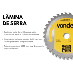 Lâmina Serra Circular 250 mm x 30 mm 36 Dentes Vídea VONDER