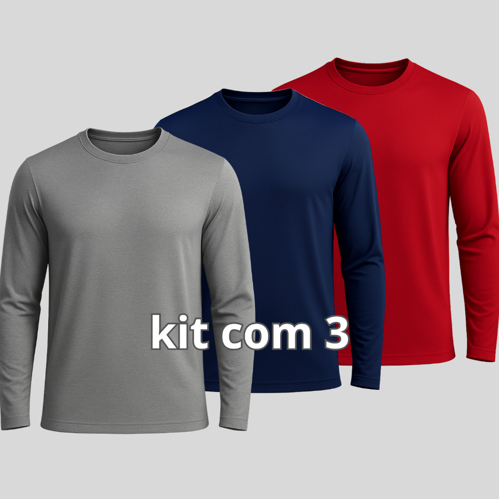 Kit 3 Camisetas Uv 50 Masculina Manga Longa Proteção Solar Praia Corrida Academia Pesca Trabalho Dry Fit Leve Respirável