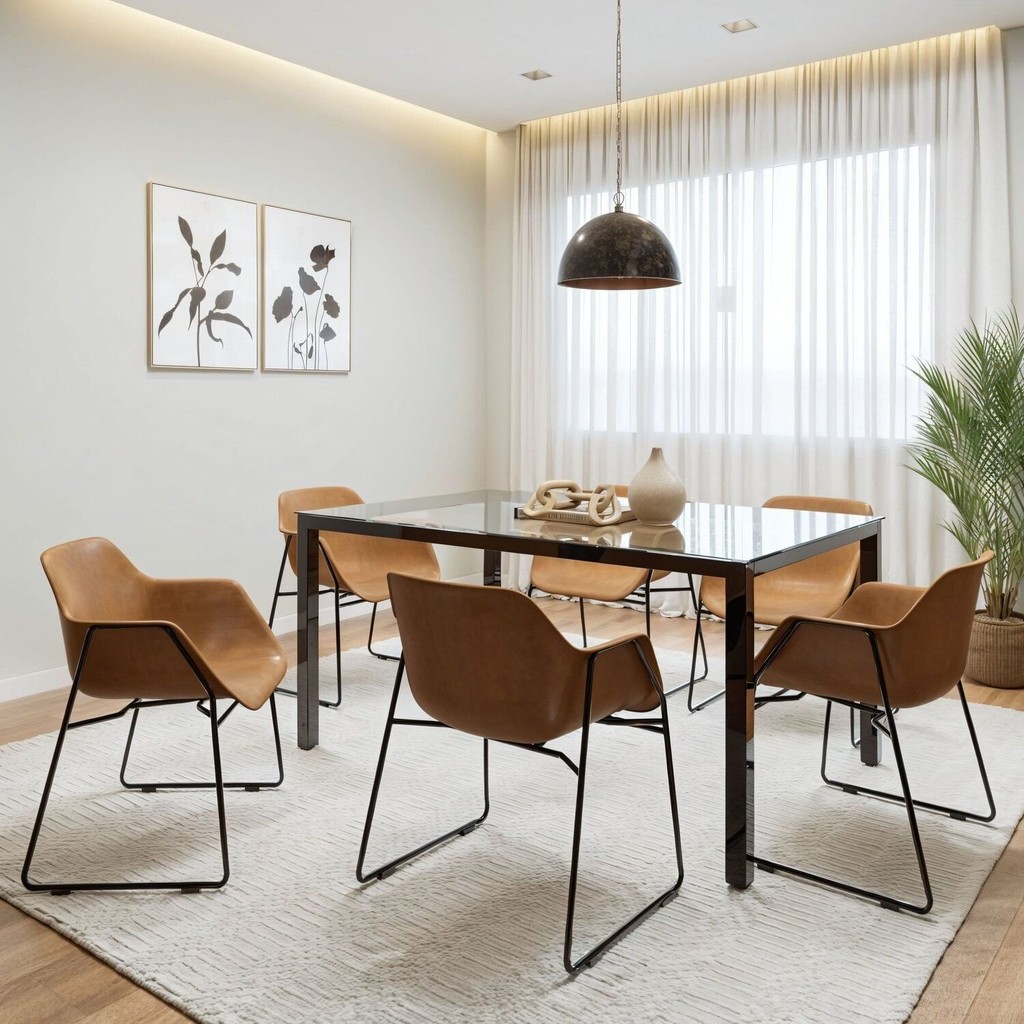 Conjunto Sala de Jantar 6 Lugares Retangular Tampo de Vidro 160X85cm Mesa Smart com Cadeiras Lodelô Preto/Cromado