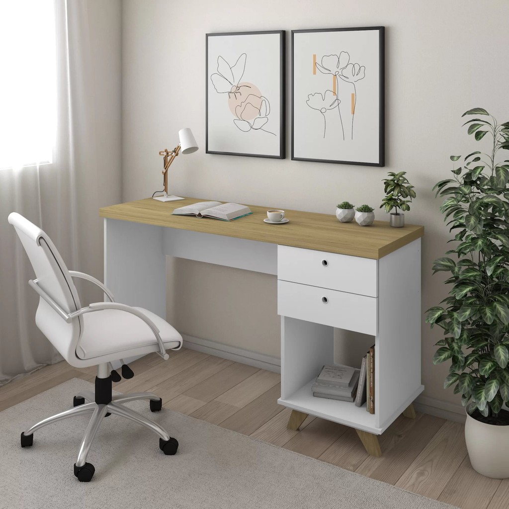Escrivaninha Mesa Escritório 135cm Retrô 2 Gavetas Sky Home Office Olmo/Branco em Oferta na Shopee