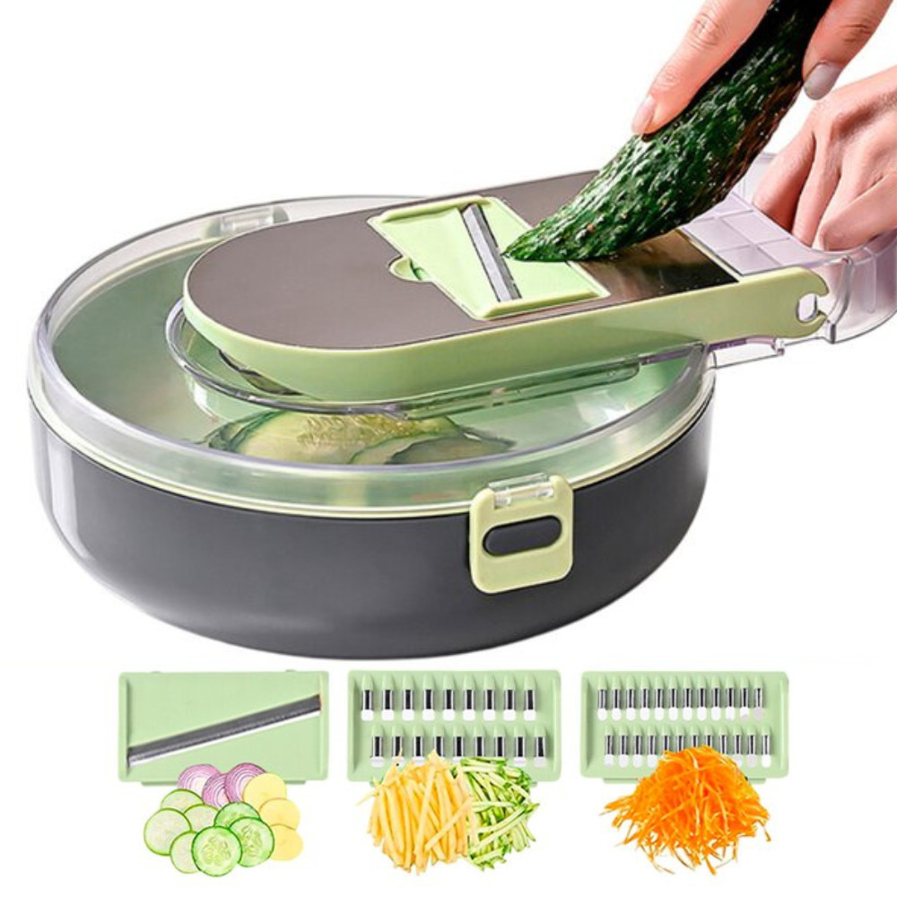 Ralador Fatiador Cortador Vegetais Utensilio Cozinha 15 Peças Multifuncional 7 Lâminas Inox Cesto Coletor