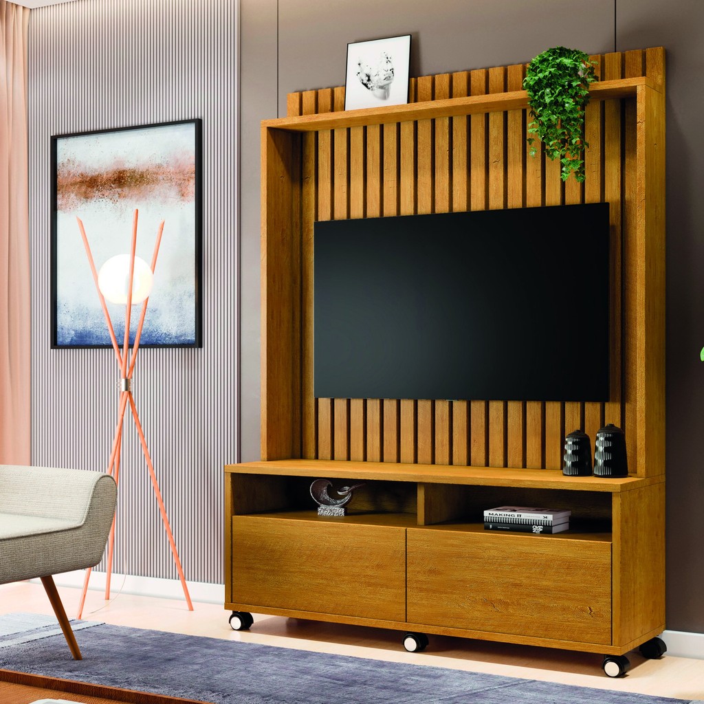 Estante para TV e Home Theater Ripado para TV até 50 Polegadas MDF 145CMX190CM Rodízio 2 Gavetas Estilos Marrom